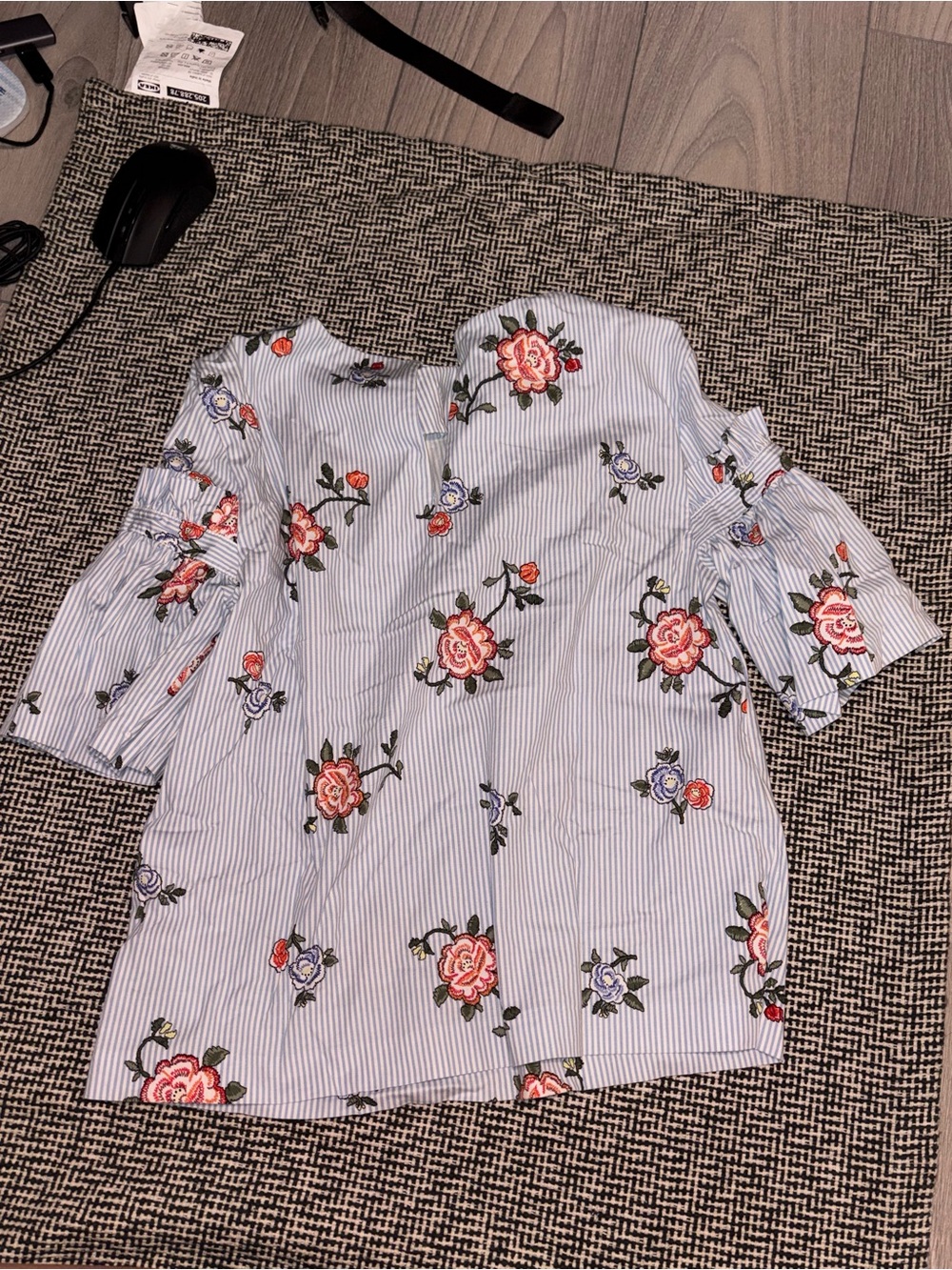 Floral Stripe Ruffle Sleeve Blouse - Light Blue/Pink